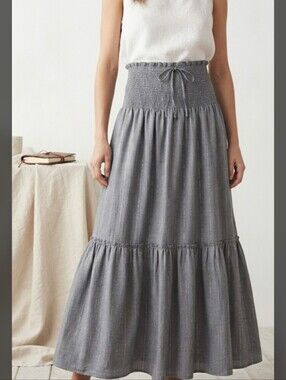 striped Smocked-Waist Maxi Skirt in Chambray Blue NWOT